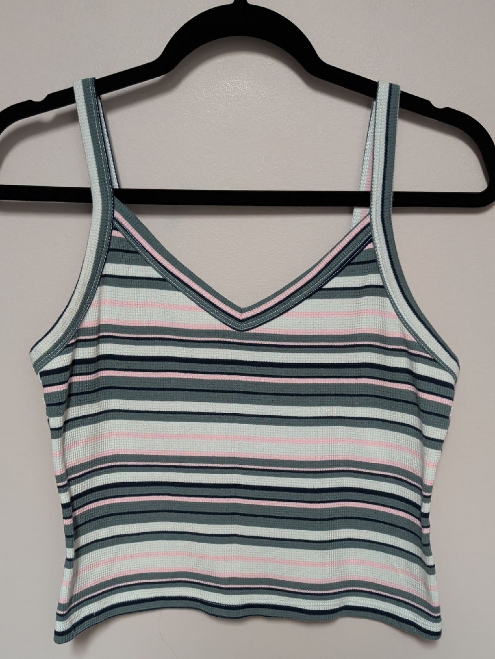 SO Striped V-Neck Cropped Tank Top - Mint, Pink & Navy